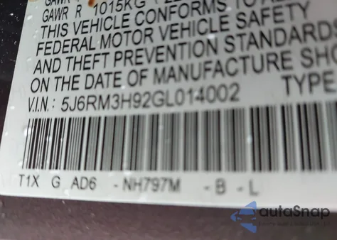 2016 Honda Cr-V Touring из США, поврежденный, VIN 5J6RM3H92GL014002